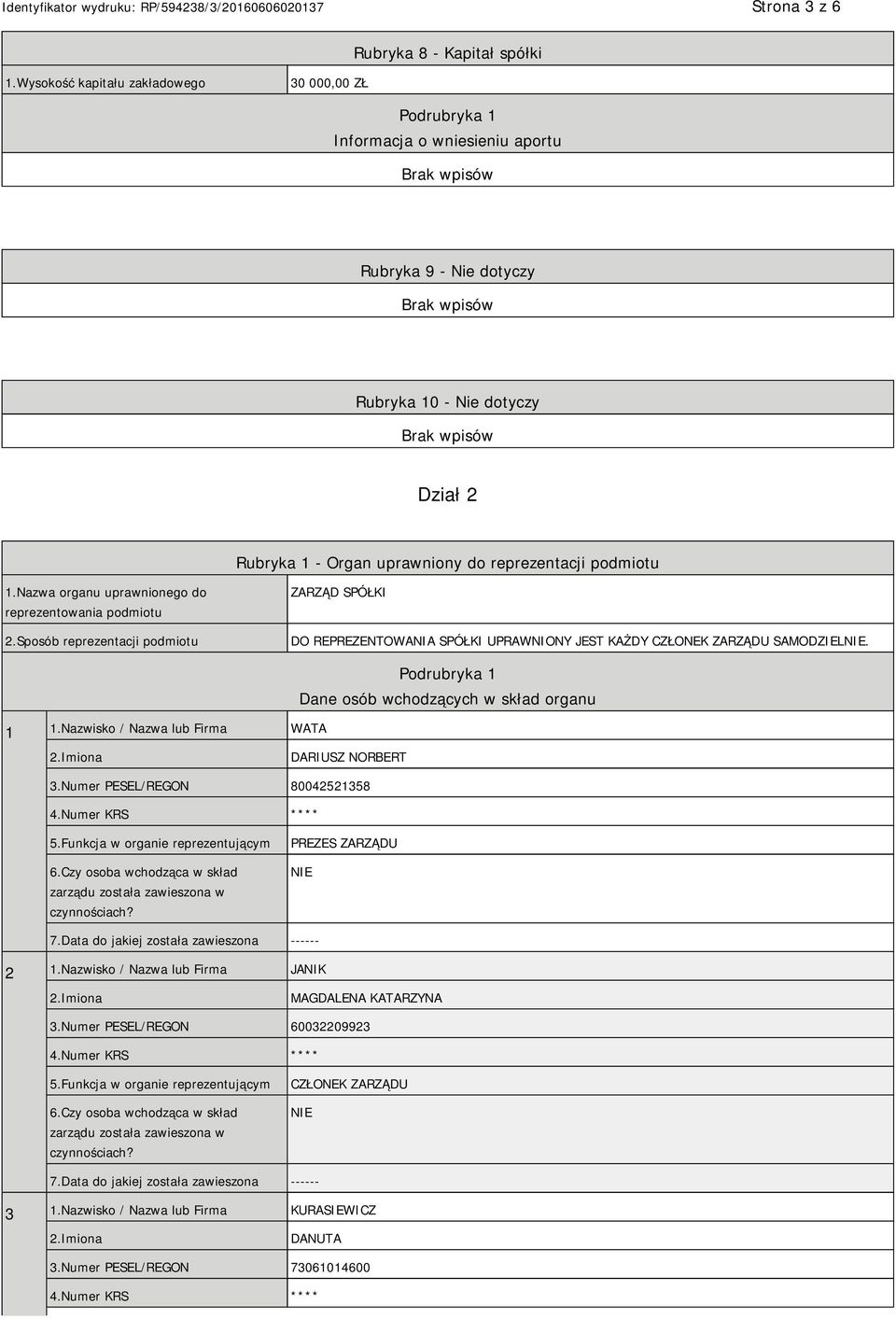 1.Nazwa organu uprawnionego do reprezentowania podmiotu 2.Sposób reprezentacji podmiotu ZARZĄD SPÓŁKI DO REPREZENTOWANIA SPÓŁKI UPRAWNIONY JEST KAŻDY CZŁONEK ZARZĄDU SAMODZIEL. 1 1.