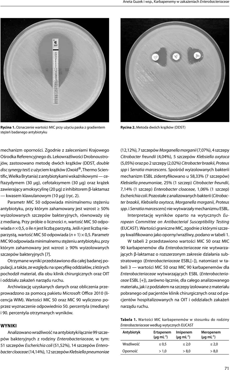 Lekowrażliwości Drobnoustrojów, zastosowano metodę dwóch krążków (DDST, double disc synergy test) z użyciem krążków (Oxoid, Thermo Scientific, Wielka Brytania) z antybiotykami wskaźnikowymi