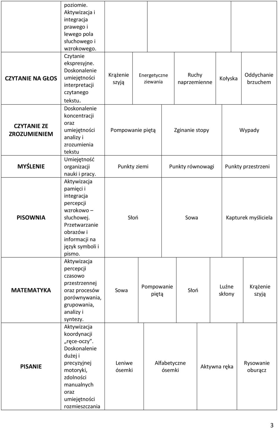 Przetwarzanie obrazów i informacji na język symboli i pismo. percepcji czasowo przestrzennej oraz procesów porównywania, grupowania, analizy i syntezy. koordynacji ręce-oczy.