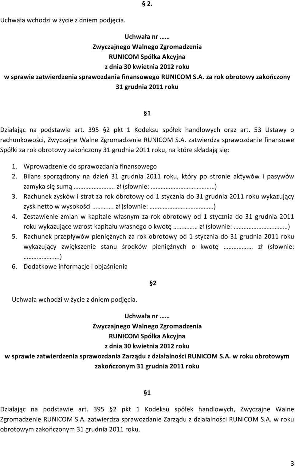 Wprowadzenie do sprawozdania finansowego 2. Bilans sporządzony na dzień 31 grudnia 2011 roku, który po stronie aktywów i pasywów zamyka się sumą. zł (słownie: ) 3.