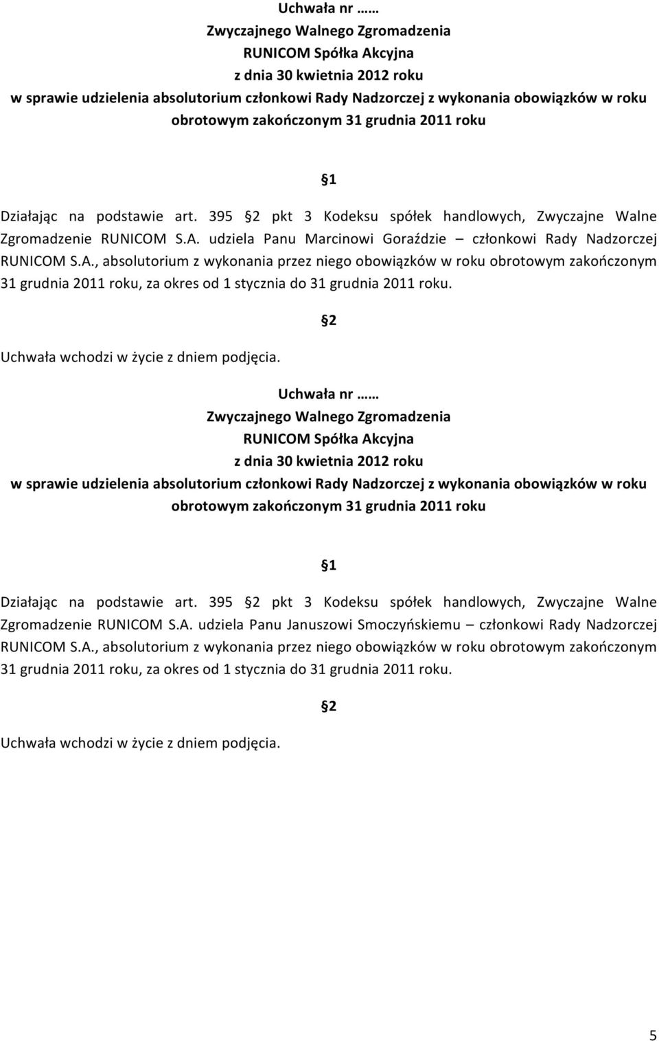 , absolutorium z wykonania przez niego obowiązków w roku obrotowym zakończonym 31 grudnia 2011 roku, za okres od 1 stycznia do 31 grudnia 2011 roku.