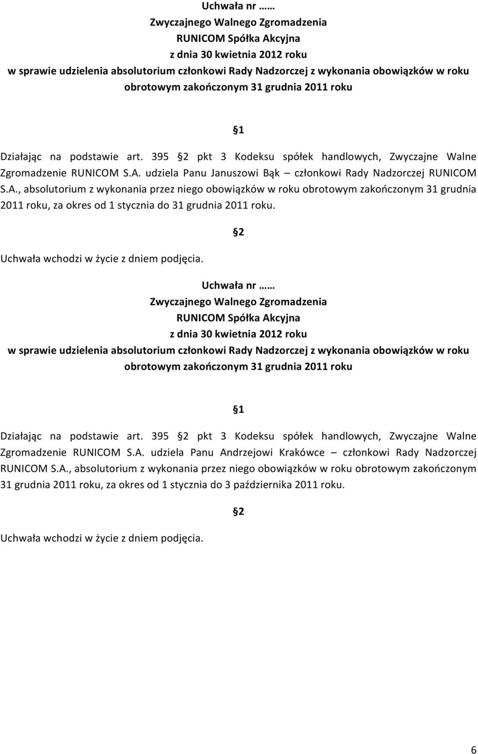 , absolutorium z wykonania przez niego obowiązków w roku obrotowym zakończonym 31 grudnia 2011 roku, za okres od 1 stycznia do 31 grudnia 2011 roku.