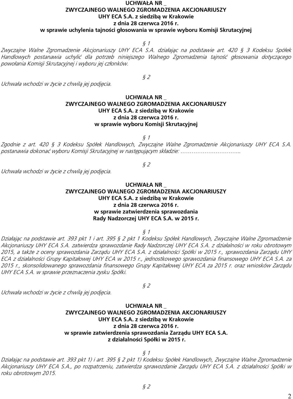 w sprawie wyboru Komisji Skrutacyjnej Zgodnie z art. 420 3 Kodeksu Spółek Handlowych, Zwyczajne Walne Zgromadzenie Akcjonariuszy UHY ECA S.A. postanawia dokonać wyboru Komisji Skrutacyjnej w następującym składzie:.