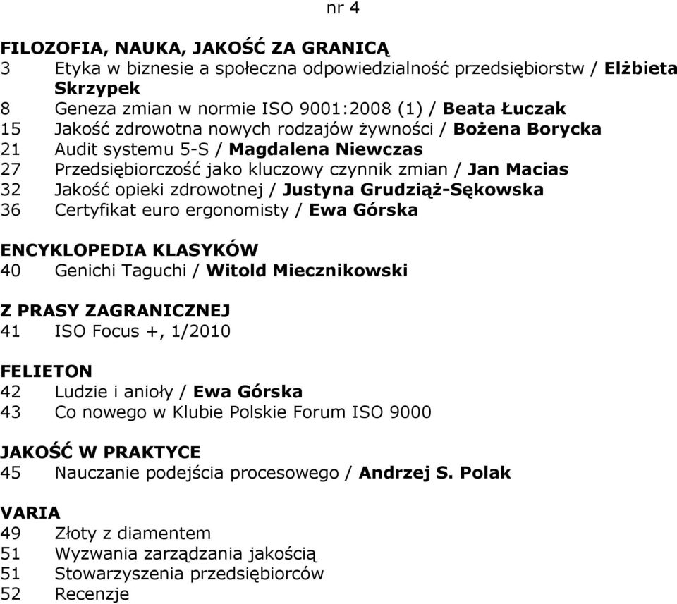 GrudziąŜ-Sękowska 36 Certyfikat euro ergonomisty / Ewa Górska 40 Genichi Taguchi / Witold Miecznikowski 41 ISO Focus +, 1/2010 42 Ludzie i anioły / Ewa Górska 43 Co nowego w