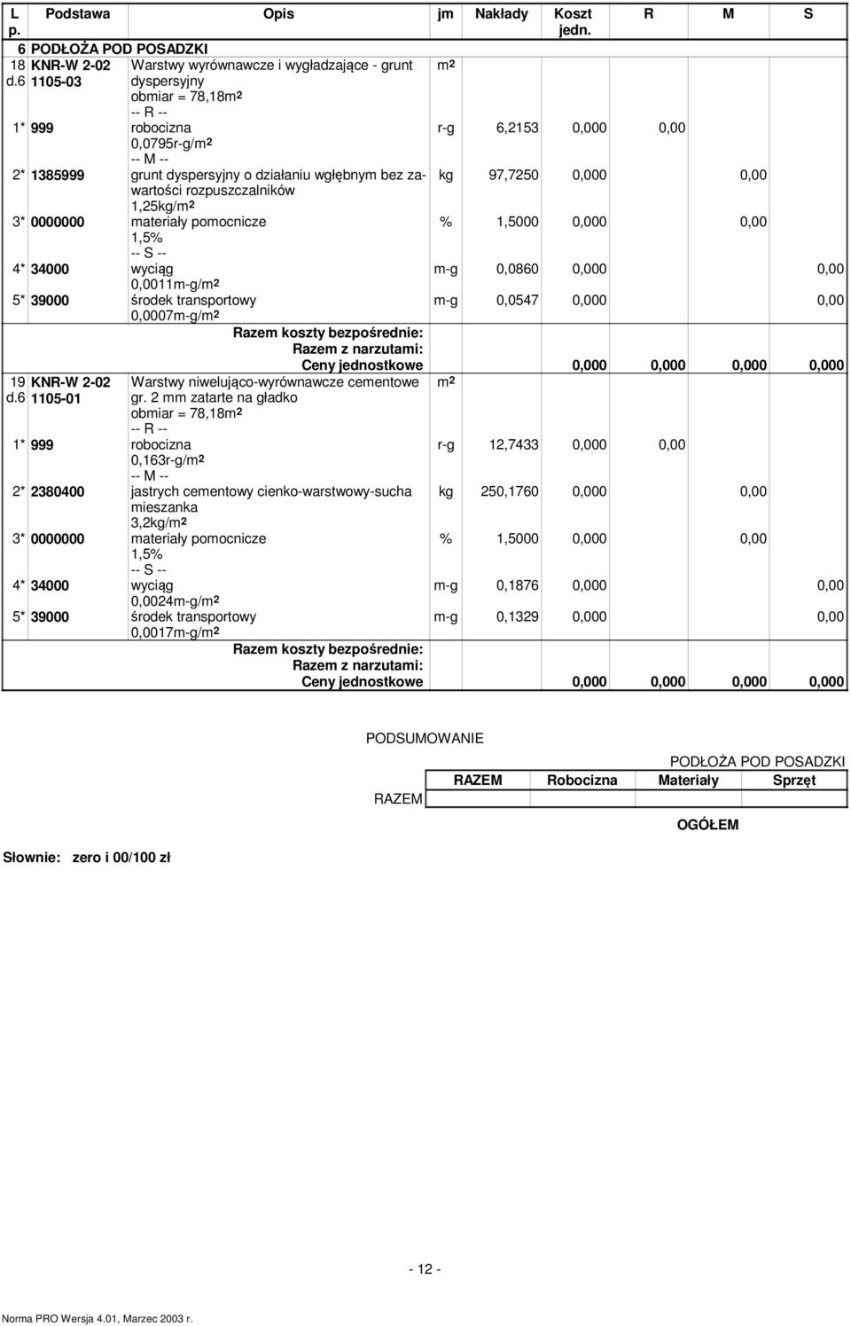0,0547 0,000 0,00 4* 34000 wyciąg m-g 0,0860 0,000 0,0011m-g/ 5* 39000 środek transportowy 0,0007m-g/ 19 KNR-W 2-02 d.6 1105-01 Warstwy niwelująco-wyrównawcze cementowe gr.