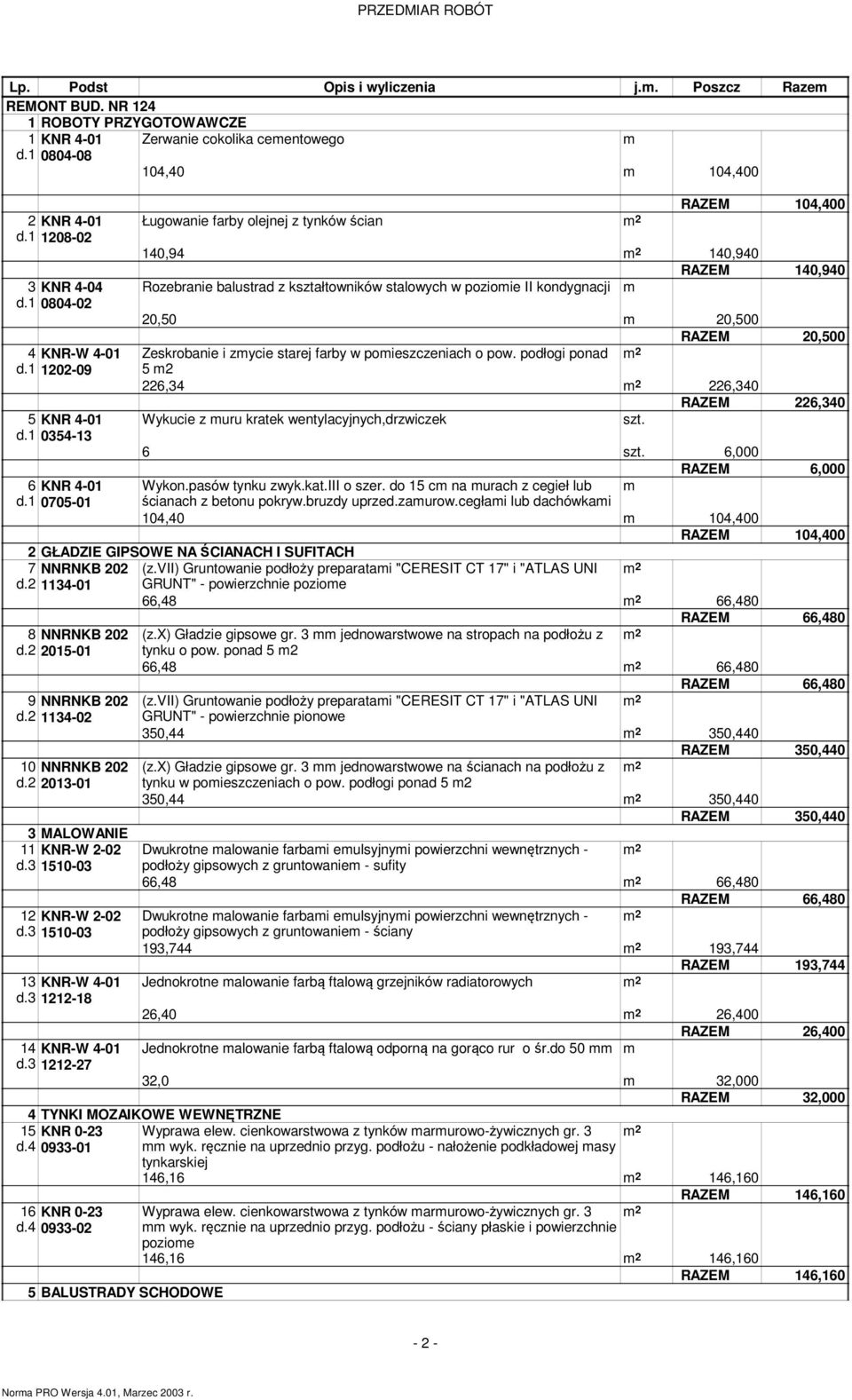 1 0354-13 Zerwanie cokolika cementowego 104,40 m 104,400 Ługowanie farby olejnej z tynków ścian m 104,400 140,94 140,940 140,940 Rozebranie balustrad z kształtowników stalowych w poziomie II