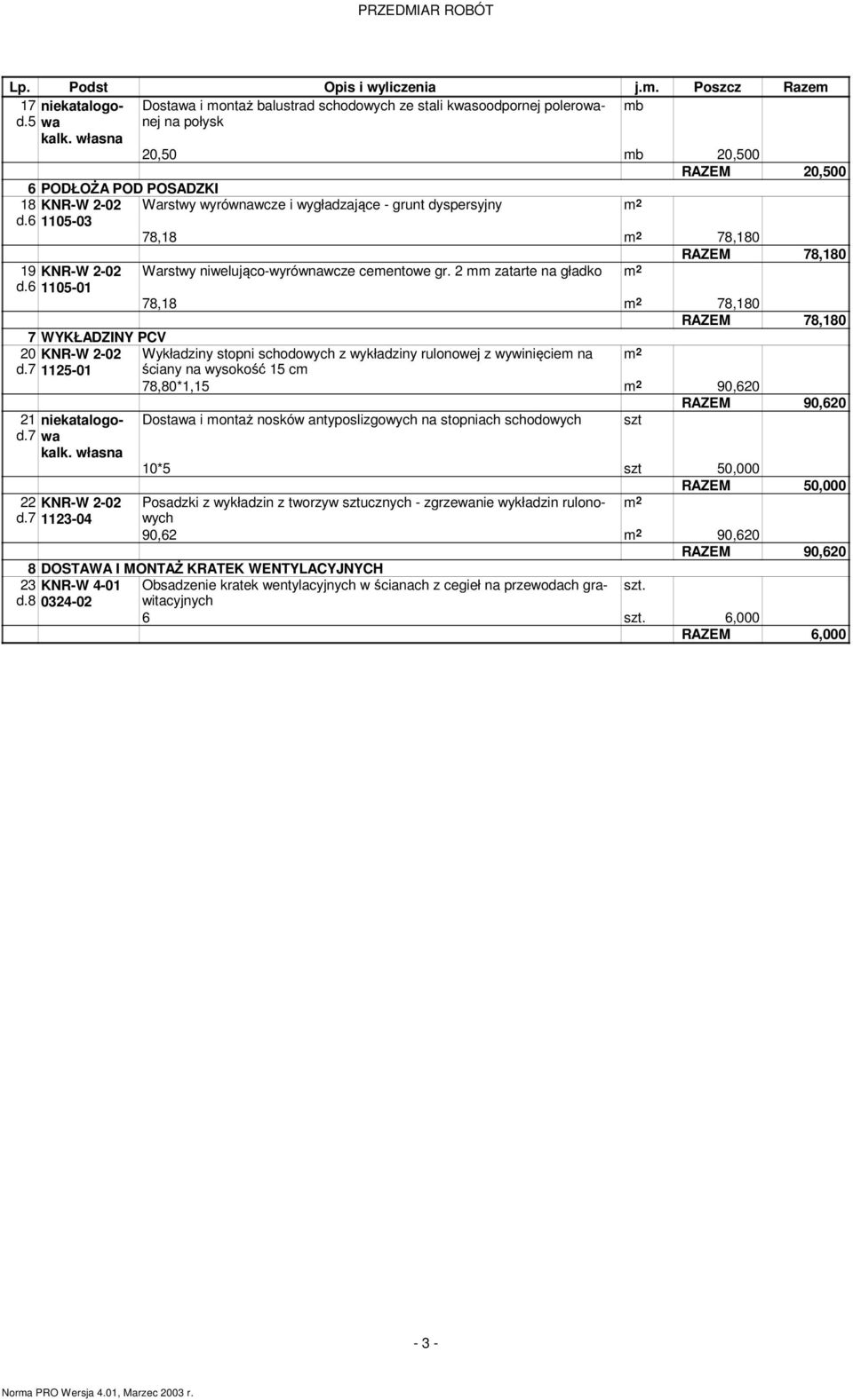 6 1105-01 Warstwy niwelująco-wyrównawcze cementowe gr. 2 mm zatarte na gładko 78,180 78,18 78,180 78,180 7 WYKŁADZINY PCV 20 KNR-W 2-02 d.