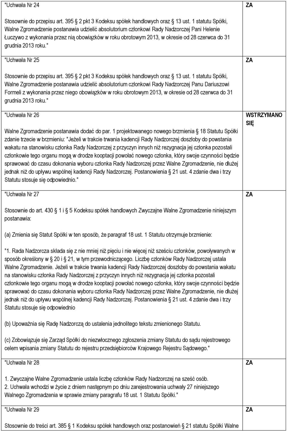 " "Uchwała Nr 25 Walne Zgromadzenie postanawia udzielić absolutorium członkowi Rady Nadzorczej Panu Dariuszowi Formeli z wykonania przez niego obowiązków w roku obrotowym 2013, w okresie od 28