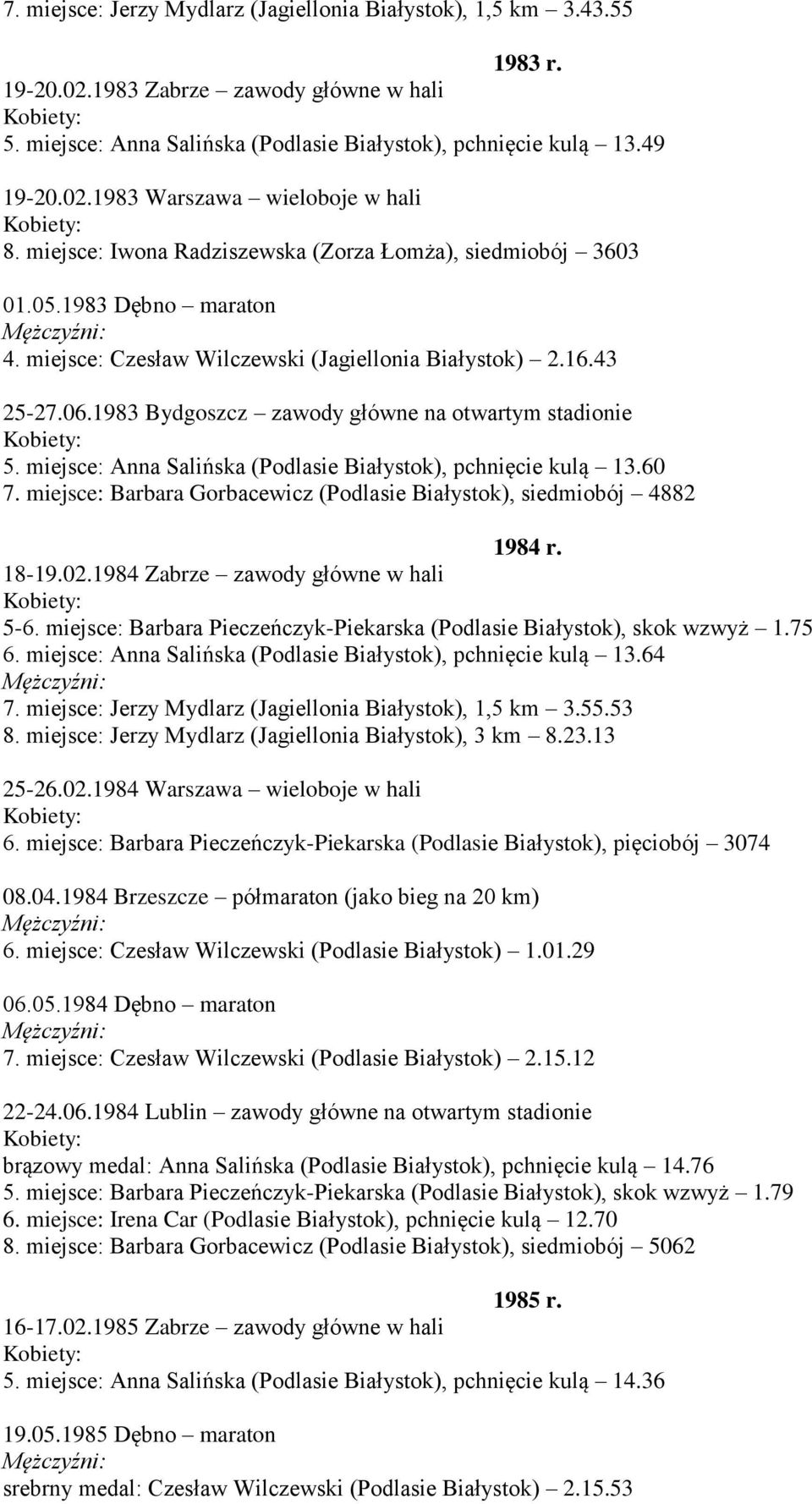 1983 Bydgoszcz zawody główne na otwartym stadionie 5. miejsce: Anna Salińska (Podlasie Białystok), pchnięcie kulą 13.60 7. miejsce: Barbara Gorbacewicz (Podlasie Białystok), siedmiobój 4882 1984 r.