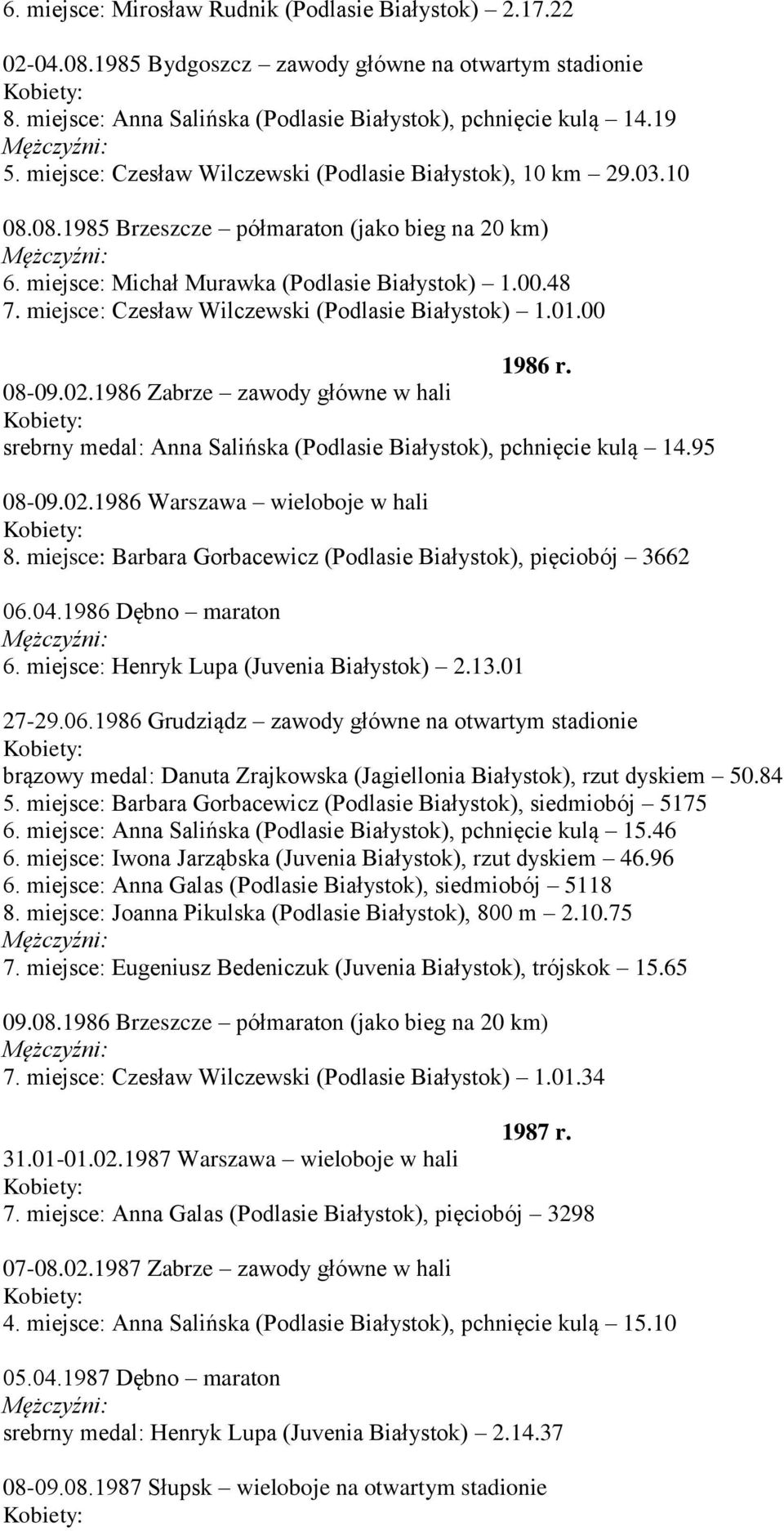 miejsce: Czesław Wilczewski (Podlasie Białystok) 1.01.00 1986 r. 08-09.02.1986 Zabrze zawody główne w hali srebrny medal: Anna Salińska (Podlasie Białystok), pchnięcie kulą 14.95 08-09.02.1986 Warszawa wieloboje w hali 8.