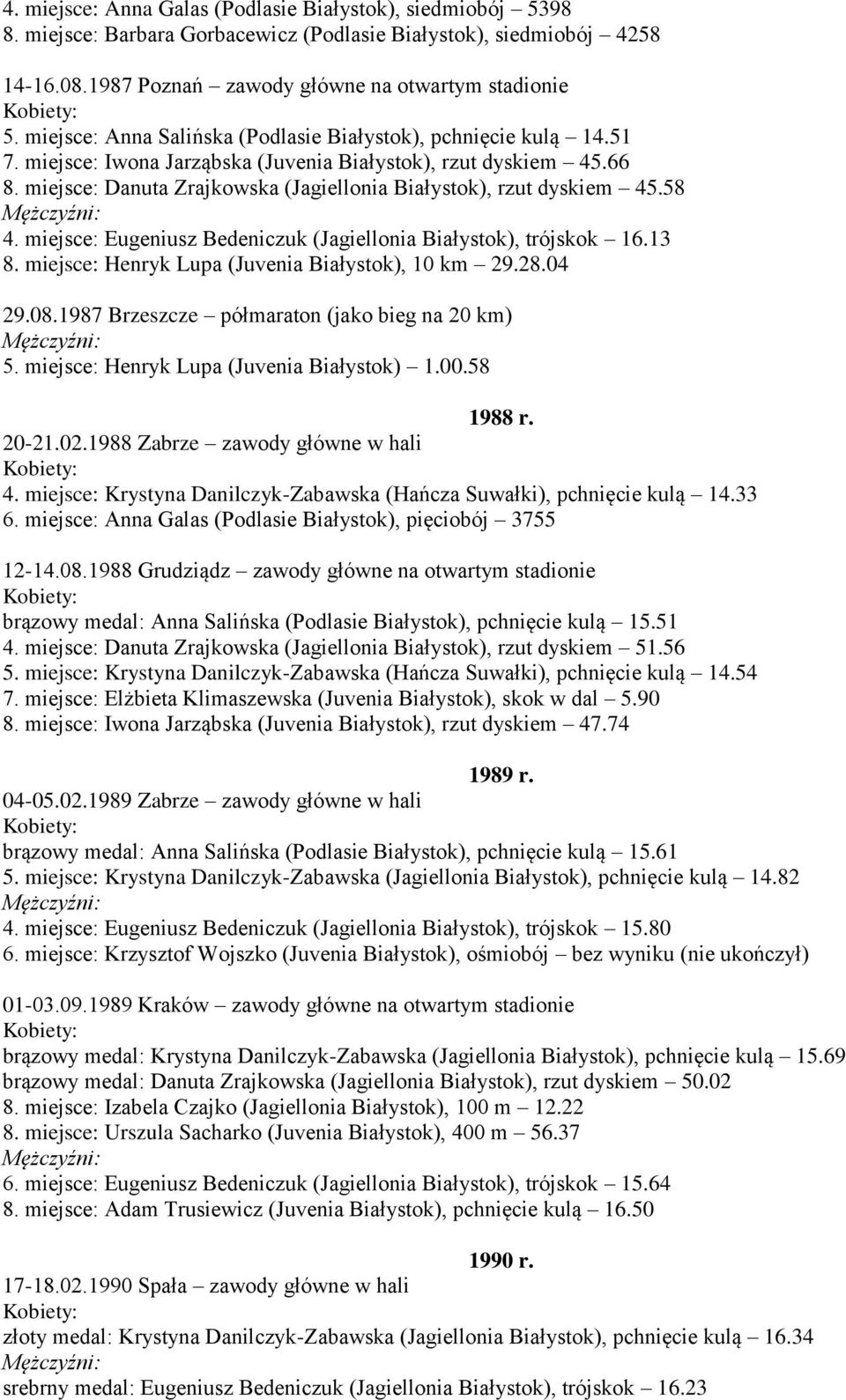 miejsce: Danuta Zrajkowska (Jagiellonia Białystok), rzut dyskiem 45.58 4. miejsce: Eugeniusz Bedeniczuk (Jagiellonia Białystok), trójskok 16.13 8. miejsce: Henryk Lupa (Juvenia Białystok), 10 km 29.
