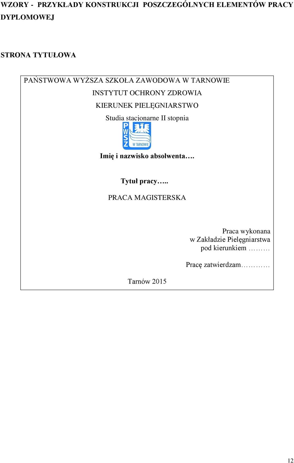 PIELĘGNIARSTWO Studia stacjonarne II stopnia Imię i nazwisko absolwenta. Tytuł pracy.