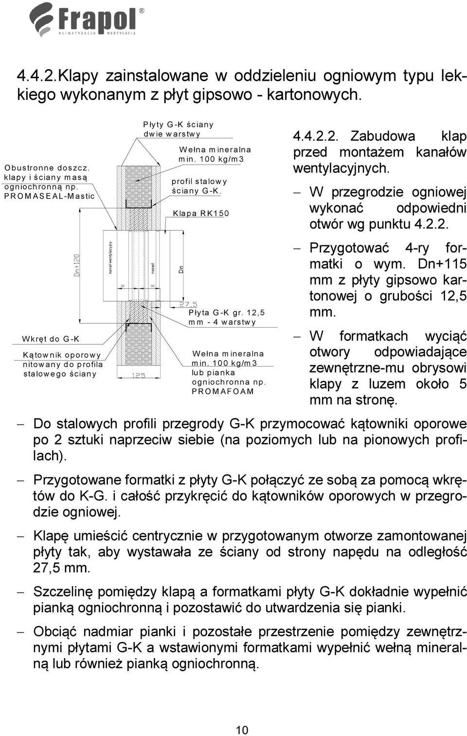 100 kg/m 3 profil stalow y ścia ny G -K. K la pa R K 1 50 Dn P łyta G -K gr. 1 2,5 m m - 4 w arstw y Wełna m ineralna m in. 10 0 kg/m 3 lu b pia nka o gnio ch ro nna np. P R O M A F O A M 4.4.2.2. Zabudowa klap przed montażem kanałów wentylacyjnych.