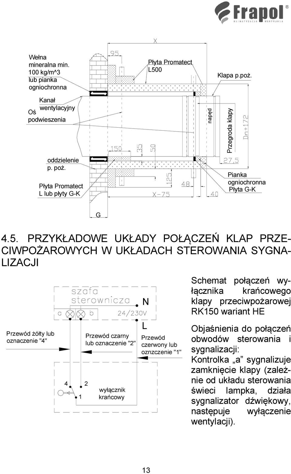 PRZYKŁADOWE UKŁADY POŁĄCZEŃ KLAP PRZE- CIWPOŻAROWYCH W UKŁADACH STEROWANIA SYGNA- LIZACJI Przewód żółty lub oznaczenie "4" 4 2 1 Przewód czarny lub oznaczenie "2" wyłącznik krańcowy N L