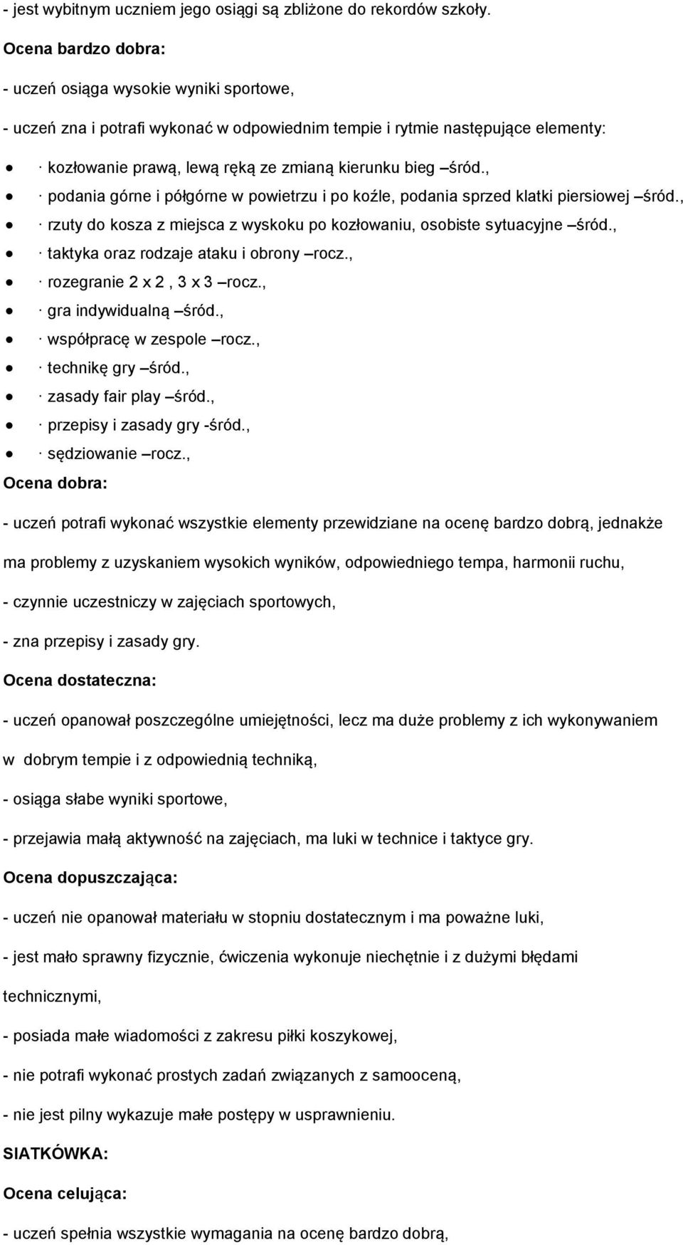 , podania górne i półgórne w powietrzu i po koźle, podania sprzed klatki piersiowej śród., rzuty do kosza z miejsca z wyskoku po kozłowaniu, osobiste sytuacyjne śród.