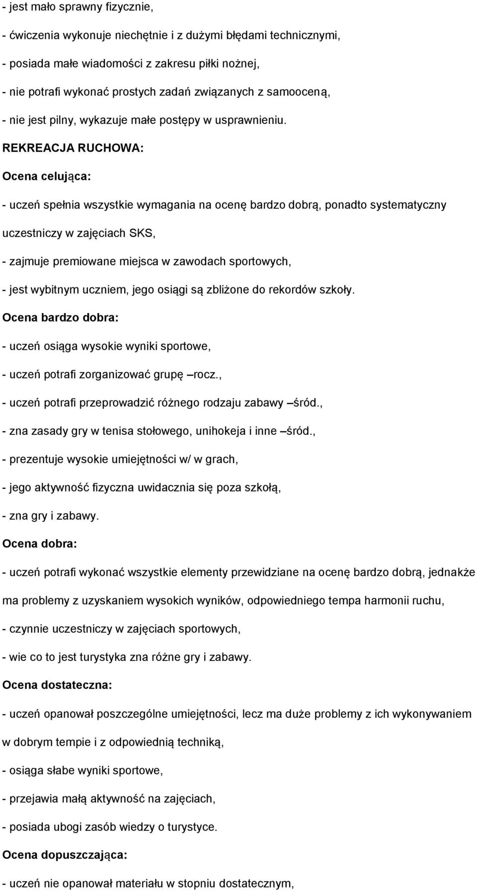 REKREACJA RUCHOWA: - uczeń spełnia wszystkie wymagania na ocenę bardzo dobrą, ponadto systematyczny uczestniczy w zajęciach SKS, - jest wybitnym uczniem, jego osiągi są zbliżone do rekordów szkoły.