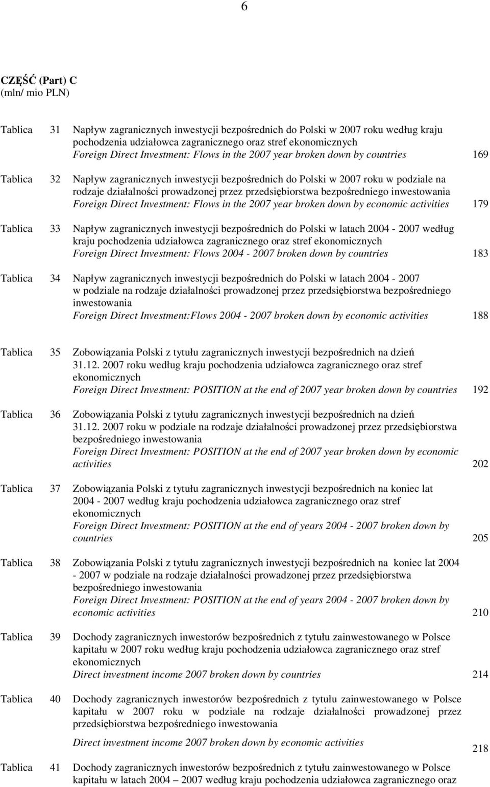 przez przedsiębiorstwa bezpośredniego inwestowania Foreign Direct Investment: Flows in the 2007 year broken down by economic activities 179 Tablica 33 Napływ zagranicznych inwestycji bezpośrednich do