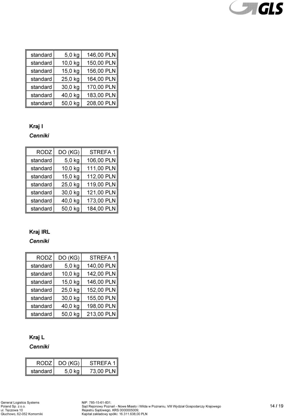 Kraj IRL 5,0 kg 140,00 PLN 10,0 kg 142,00 PLN 15,0 kg 146,00 PLN 25,0 kg 152,00 PLN 30,0 kg 155,00 PLN 40,0 kg 198,00 PLN 50,0 kg 213,00