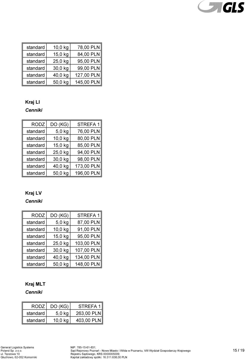 10,0 kg 91,00 PLN 15,0 kg 95,00 PLN 25,0 kg 103,00 PLN 30,0 kg 107,00 PLN 40,0 kg 134,00 PLN 50,0 kg 148,00 PLN Kraj MLT 5,0 kg 263,00