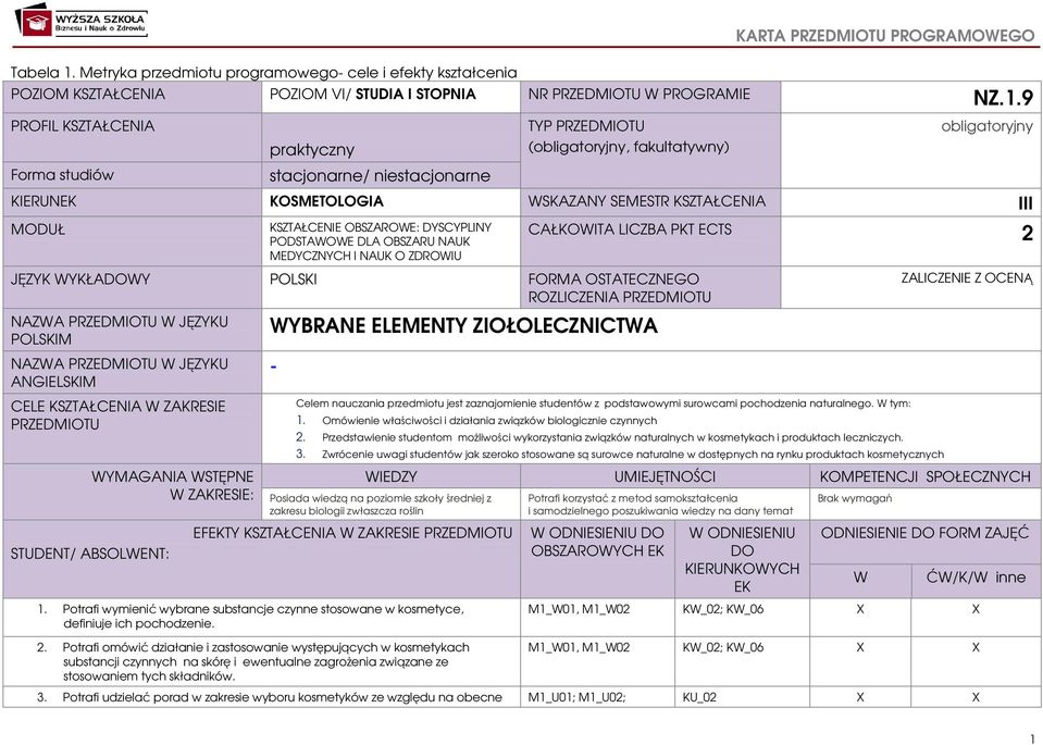 9 PROFIL KSZTAŁCENIA Forma studiów praktyczny stacjonarne/ niestacjonarne TYP PRZEDMIOTU (obligatoryjny, fakultatywny) obligatoryjny KIERUNEK KOSMETOLOGIA WSKAZANY SEMESTR KSZTAŁCENIA III MODUŁ