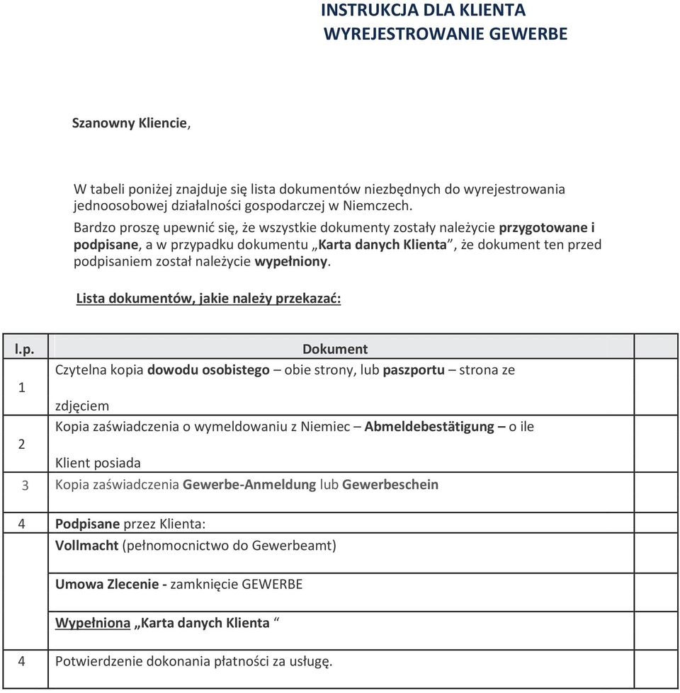 wypełniony. Lista dokumentów, jakie należy przekazać: l.p. 1 2 Dokument Czytelna kopia dowodu osobistego obie strony, lub paszportu strona ze zdjęciem Kopia zaświadczenia o wymeldowaniu z Niemiec