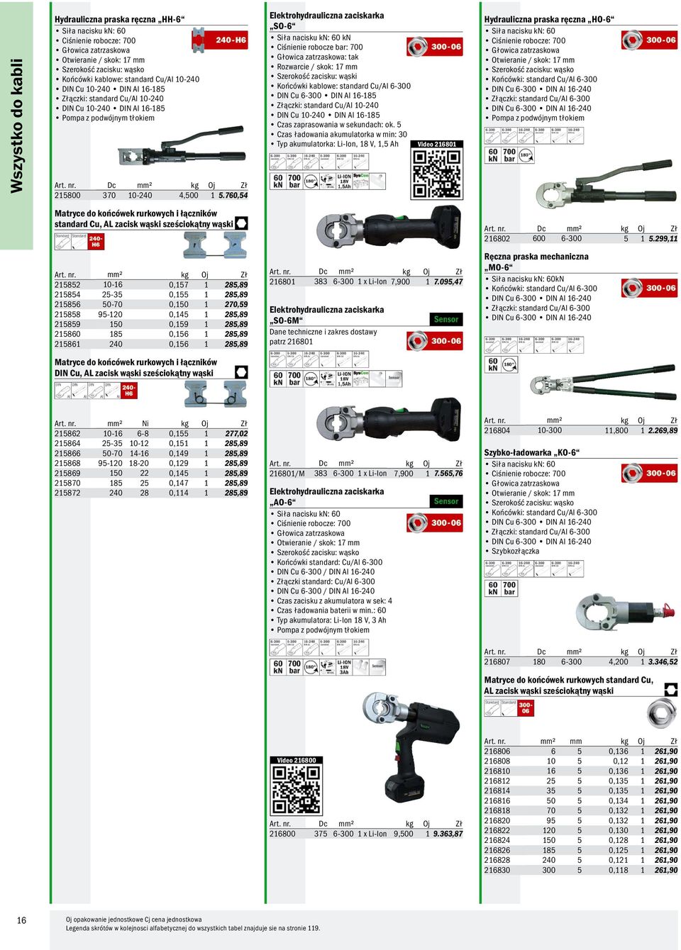 760,54 Elektrohydrauliczna zaciskarka SO-6 Siła nacisku kn: 60 kn Ciśnienie robocze bar: 700 Głowica zatrzaskowa: tak Rozwarcie / skok: 17 mm Szerokość zacisku: wąski Końcówki kablowe: standard Cu/Al