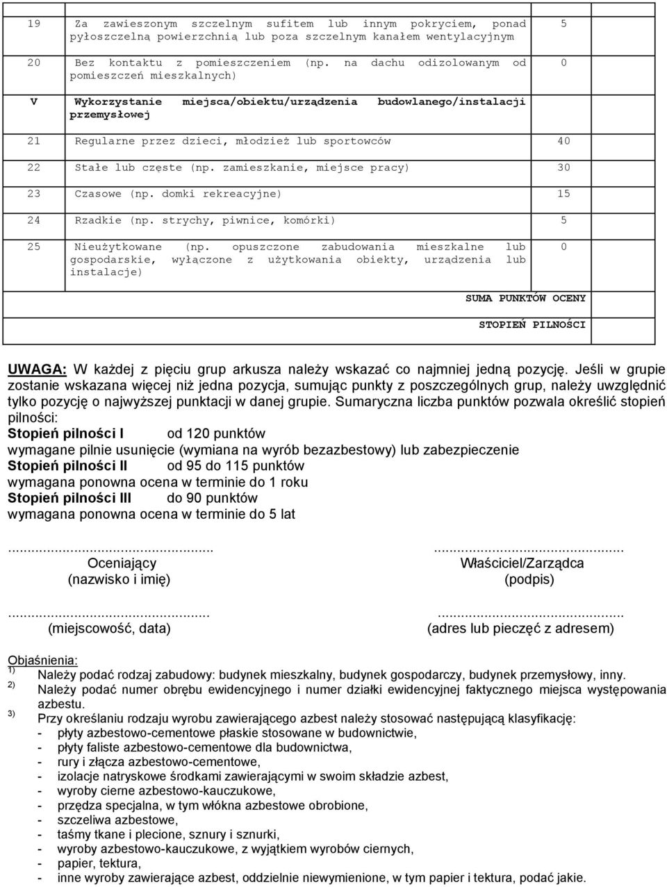 lub częste (np. zamieszkanie, miejsce pracy) 30 23 Czasowe (np. domki rekreacyjne) 15 24 Rzadkie (np. strychy, piwnice, komórki) 5 25 Nieużytkowane (np.