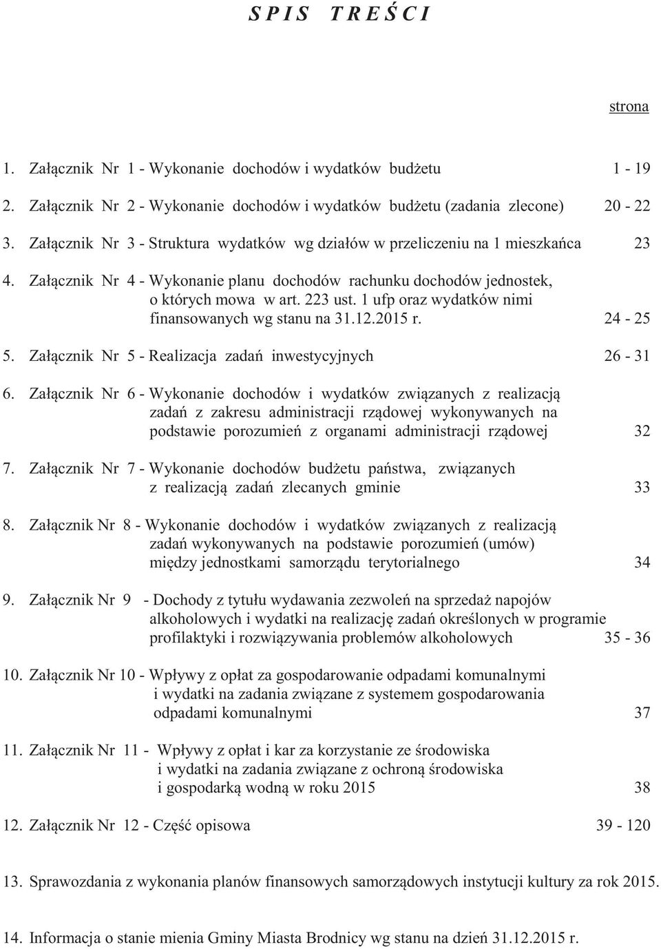 1 ufp oraz wydatków nimi finansowanych wg stanu na 31.12.2015 r. 24-25 5. Zał cznik Nr 5 - Realizacja zada inwestycyjnych 26-31 6.