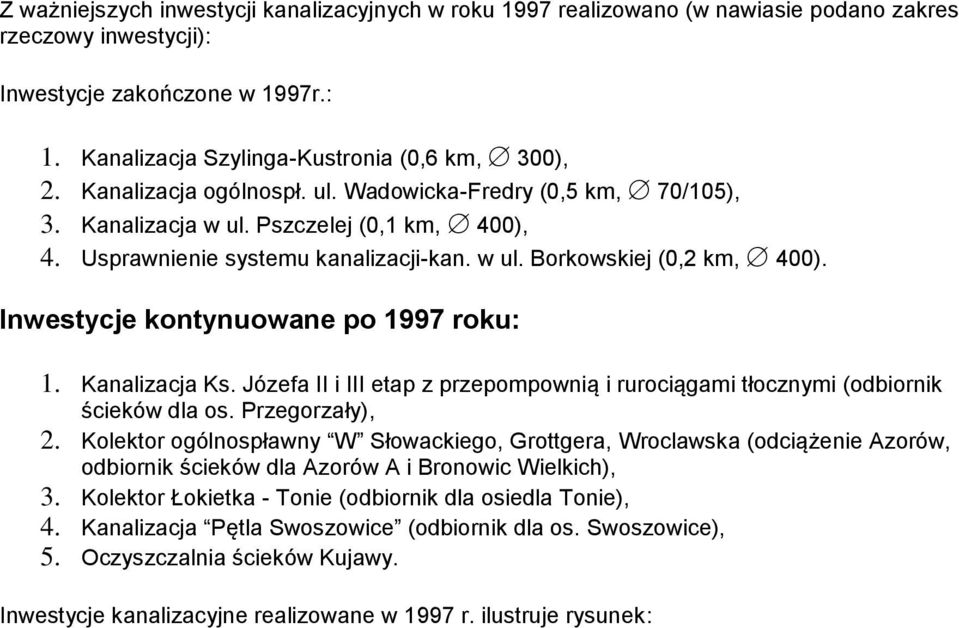 Inwestycje kontynuowane po 1997 roku: 1. Kanalizacja Ks. Józefa II i III etap z przepompownią i rurociągami tłocznymi (odbiornik ścieków dla os. Przegorzały), 2.