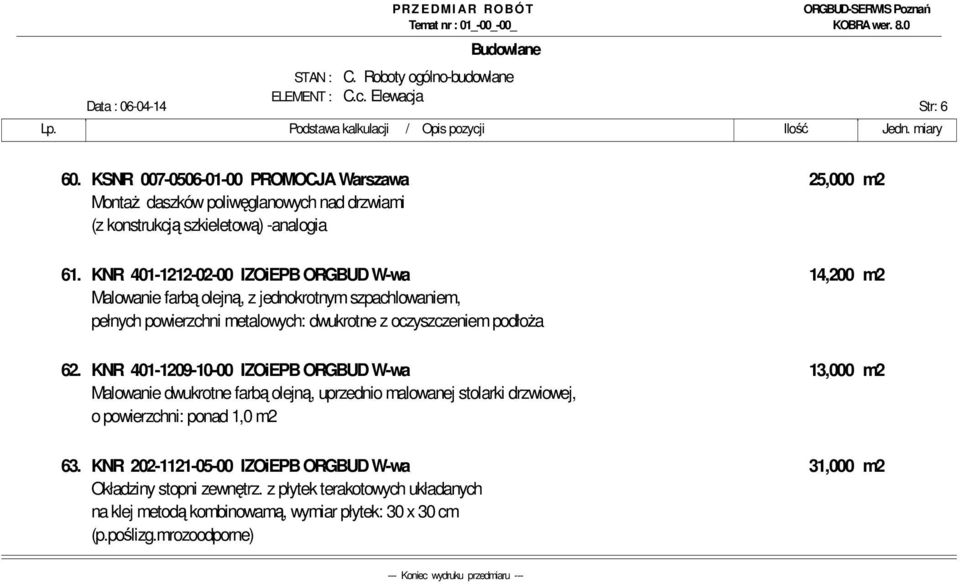 KNR 401-1212-02-00 IZOiEPB ORGBUD W-wa 14,200 m2 Malowanie farbą olejną, z jednokrotnym szpachlowaniem, pełnych powierzchni metalowych: dwukrotne z oczyszczeniem podłoŝa 62.