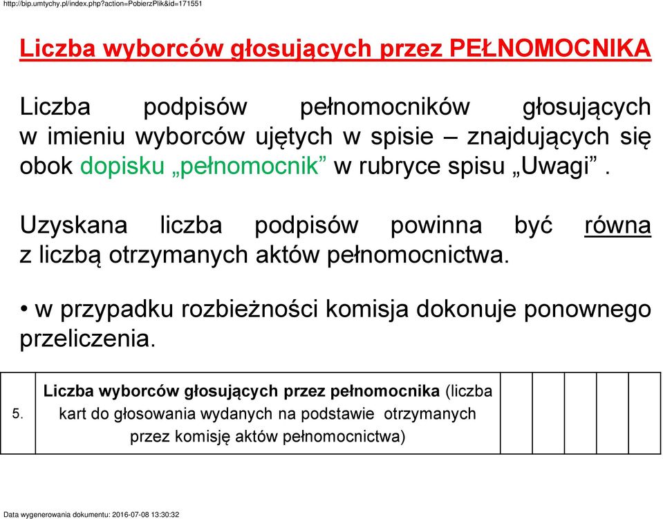 Uzyskana liczba podpisów powinna być równa z liczbą otrzymanych aktów pełnomocnictwa.