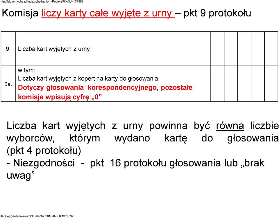 pozostałe komisje wpisują cyfrę 0 Liczba kart wyjętych z urny powinna być równa liczbie wyborców,