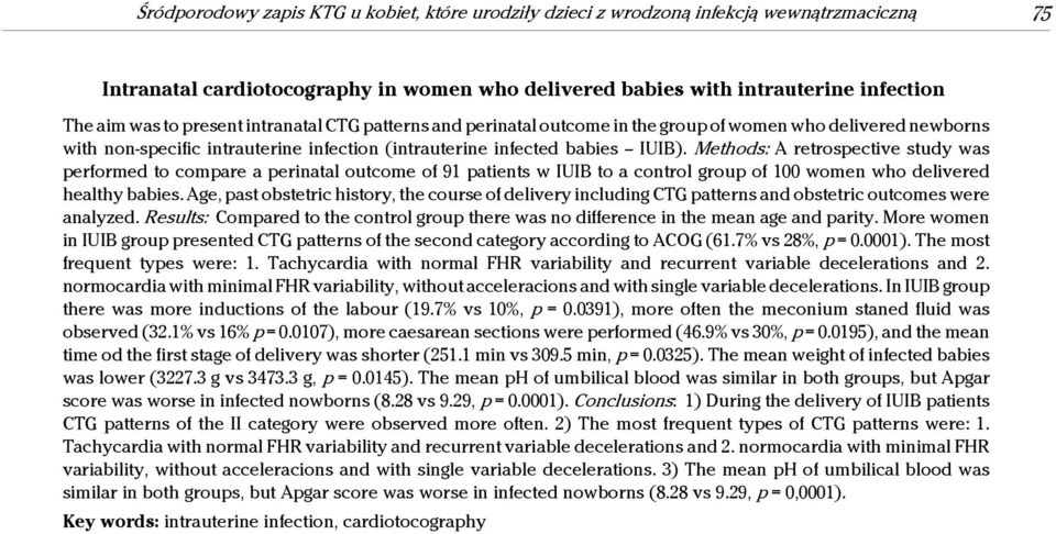 Methods: A retrospective study was performed to compare a perinatal outcome of 91 patients w IUIB to a control group of 100 women who delivered healthy babies.