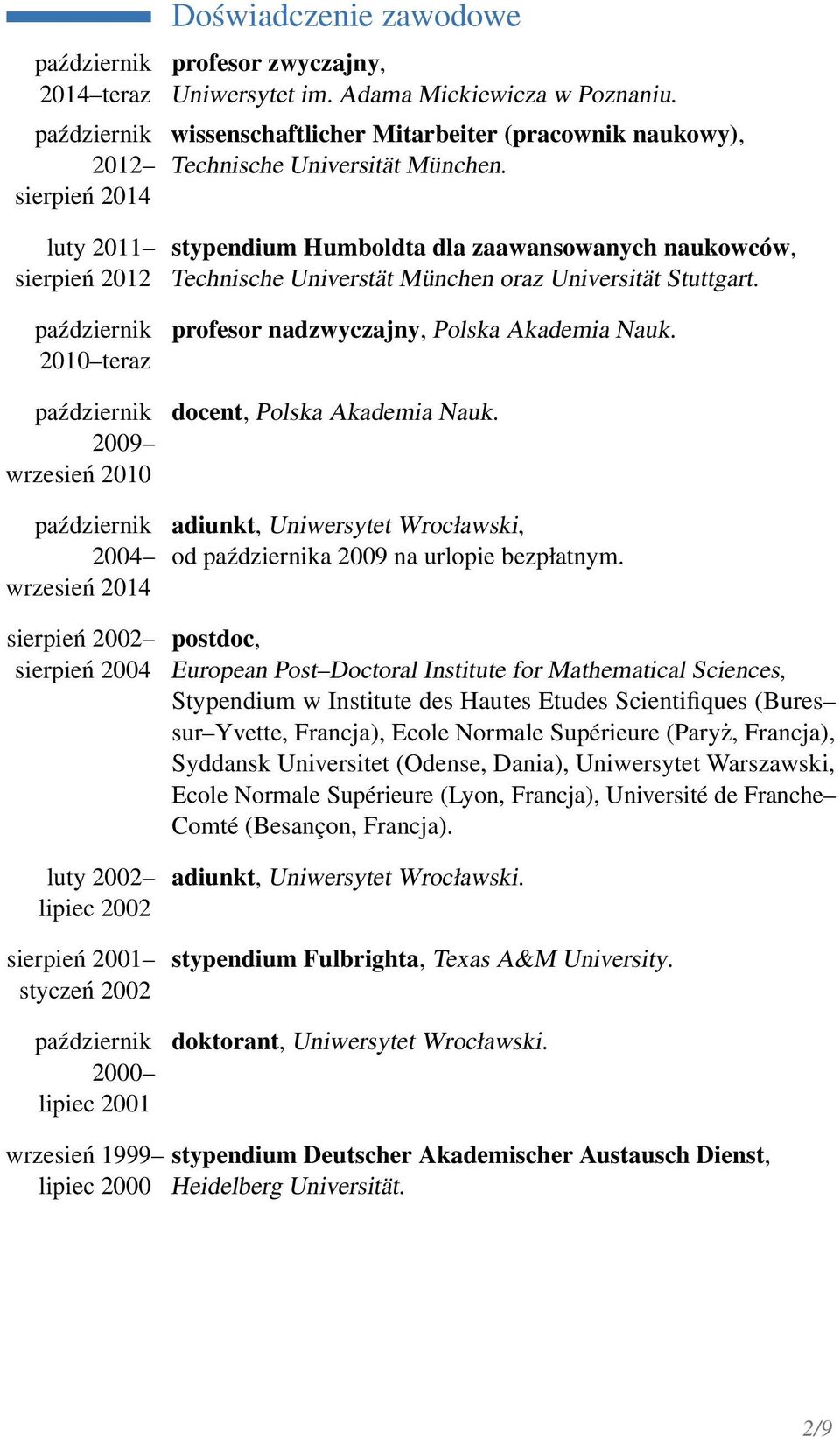 luty 2011 sierpień 2012 2010 teraz 2009 wrzesień 2010 stypendium Humboldta dla zaawansowanych naukowców, Technische Universtät München oraz Universität Stuttgart.