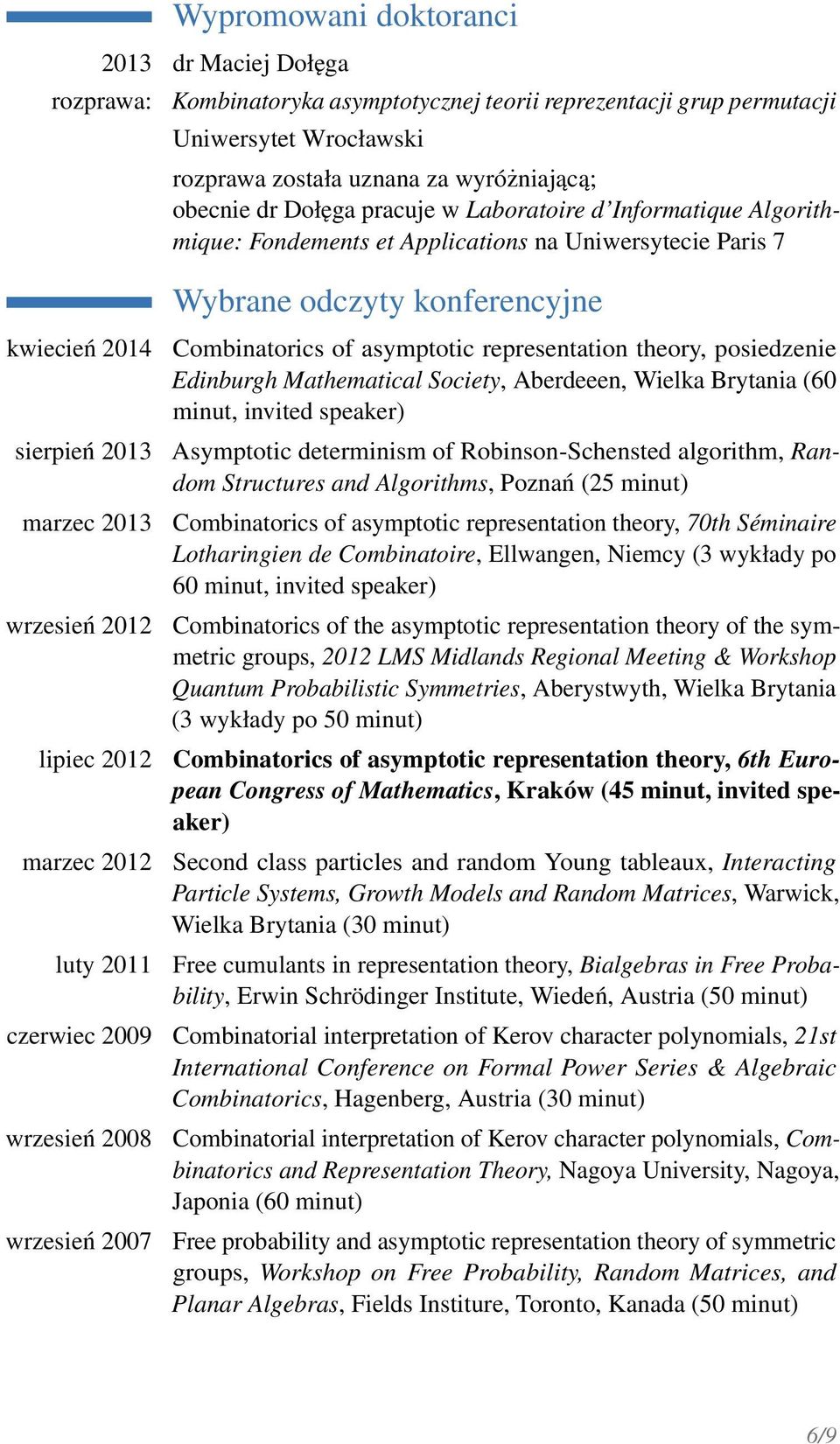 lipiec 2012 marzec 2012 luty 2011 czerwiec 2009 wrzesień 2008 wrzesień 2007 Combinatorics of asymptotic representation theory, posiedzenie Edinburgh Mathematical Society, Aberdeeen, Wielka Brytania