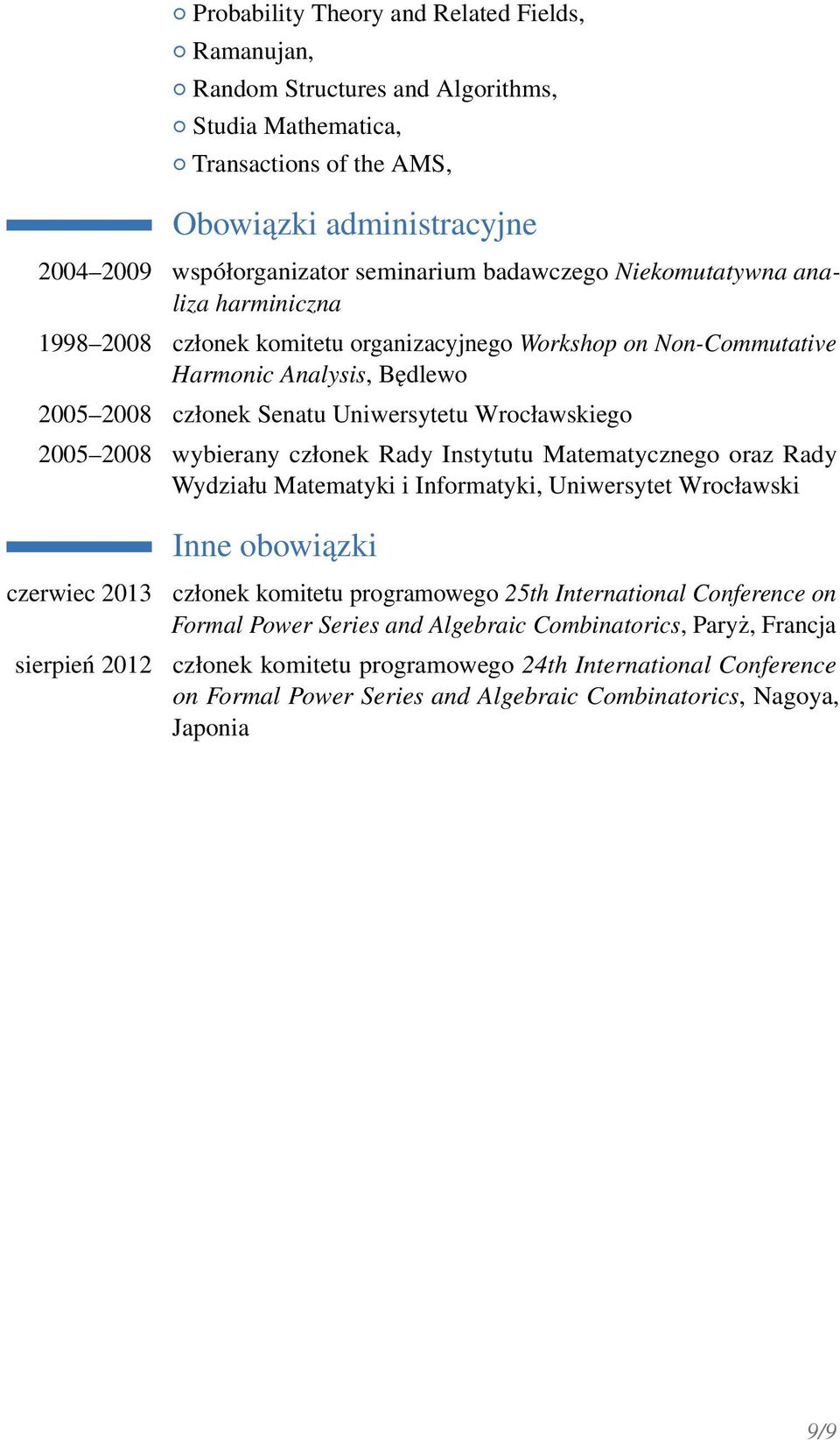 2005 2008 wybierany członek Rady Instytutu Matematycznego oraz Rady Wydziału Matematyki i Informatyki, Uniwersytet Wrocławski Inne obowiązki czerwiec 2013 sierpień 2012 członek komitetu programowego