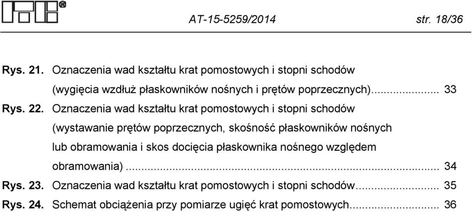 22. Oznaczenia wad kształtu krat pomostowych i stopni schodów (wystawanie prętów poprzecznych, skośność płaskowników nośnych lub