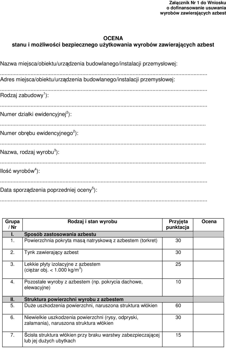 .. Nazwa, rodzaj wyrobu 3 ):... Ilość wyrobów 4 ): Data sporządzenia poprzedniej oceny 5 ): Grupa / Nr Rodzaj i stan wyrobu Przyjęta punktacja I. Sposób zastosowania azbestu 1.