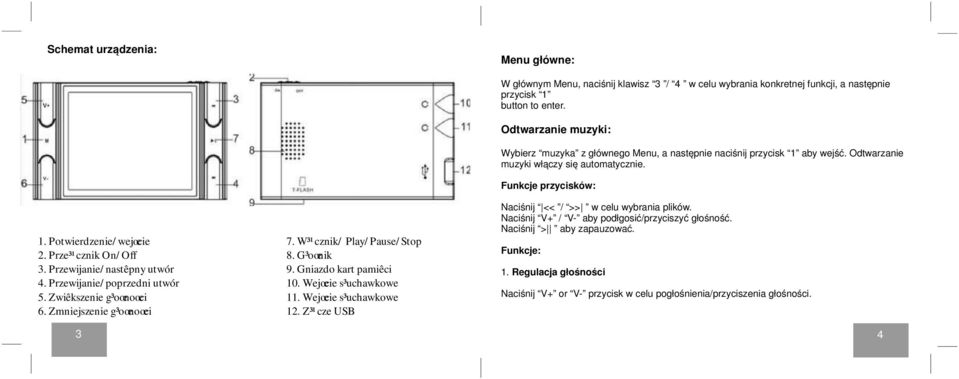 W³¹cznik/ Play/Pause/Stop 2. Prze³¹cznik On/Off 8. G³oœnik 3. Przewijanie/nastêpny utwór 9. Gniazdo kart pamiêci 4. Przewijanie/poprzedni utwór 10. Wejœcie s³uchawkowe 5. Zwiêkszenie g³oœnoœci 11.