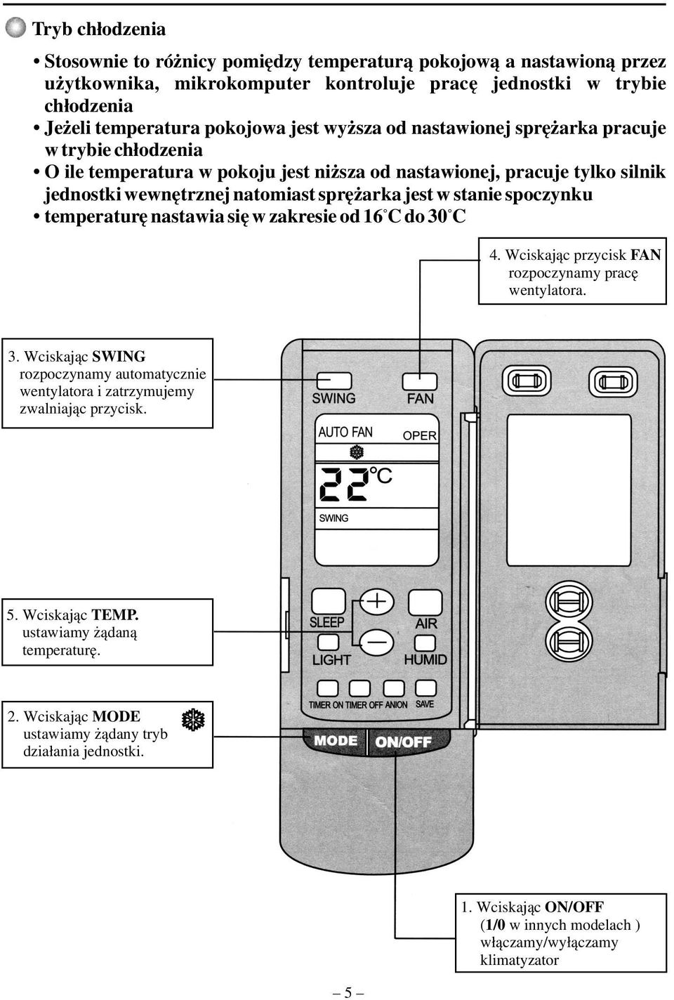 spoczynku temperaturê nastawia siê w zakresie od 16 C do 30 C 4. Wciskaj¹c przycisk FAN rozpoczynamy pracê wentylatora. 3. Wciskaj¹c SWING rozpoczynamy automatycznie wentylatora i zatrzymujemy zwalniaj¹c przycisk.