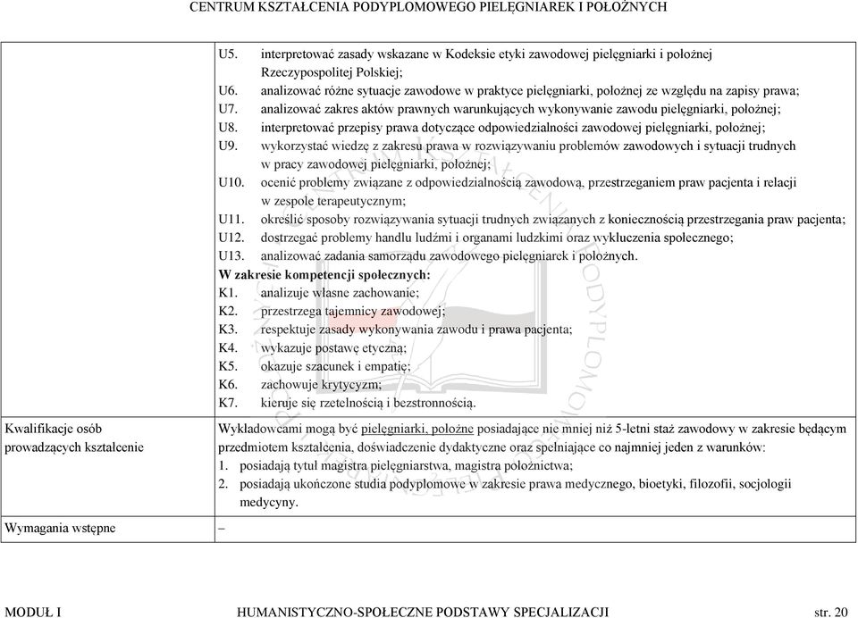 interpretować przepisy prawa dotyczące odpowiedzialności zawodowej pielęgniarki, położnej; U9.