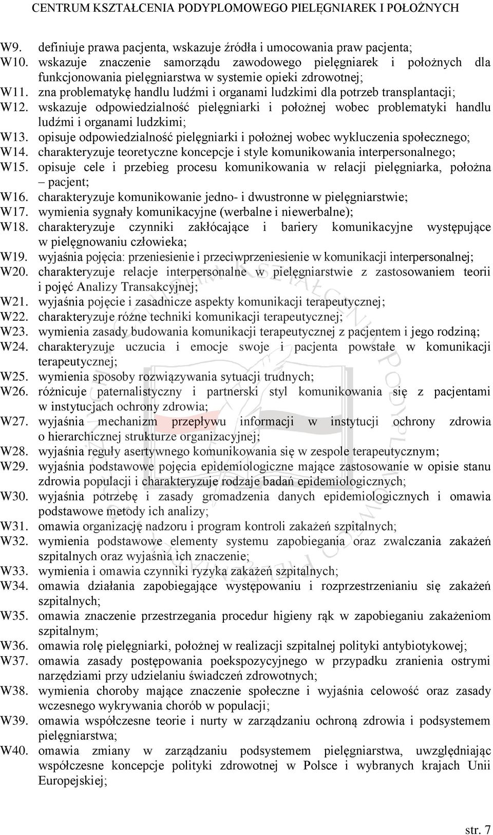 zna problematykę handlu ludźmi i organami ludzkimi dla potrzeb transplantacji; W12. wskazuje odpowiedzialność pielęgniarki i położnej wobec problematyki handlu ludźmi i organami ludzkimi; W13.