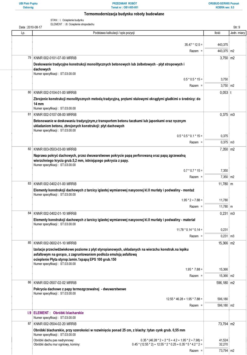 5 * 15 = 3,750 Razem = 3,750 m2 80 KNNR 002-0104-01-00 MRRiB 0,053 t Zbrojenie konstrukcji monolitycznych metodą tradycyjną, prętami stalowymi okrągłymi gładkimi o średnicy: do 14 mm 81 KNNR