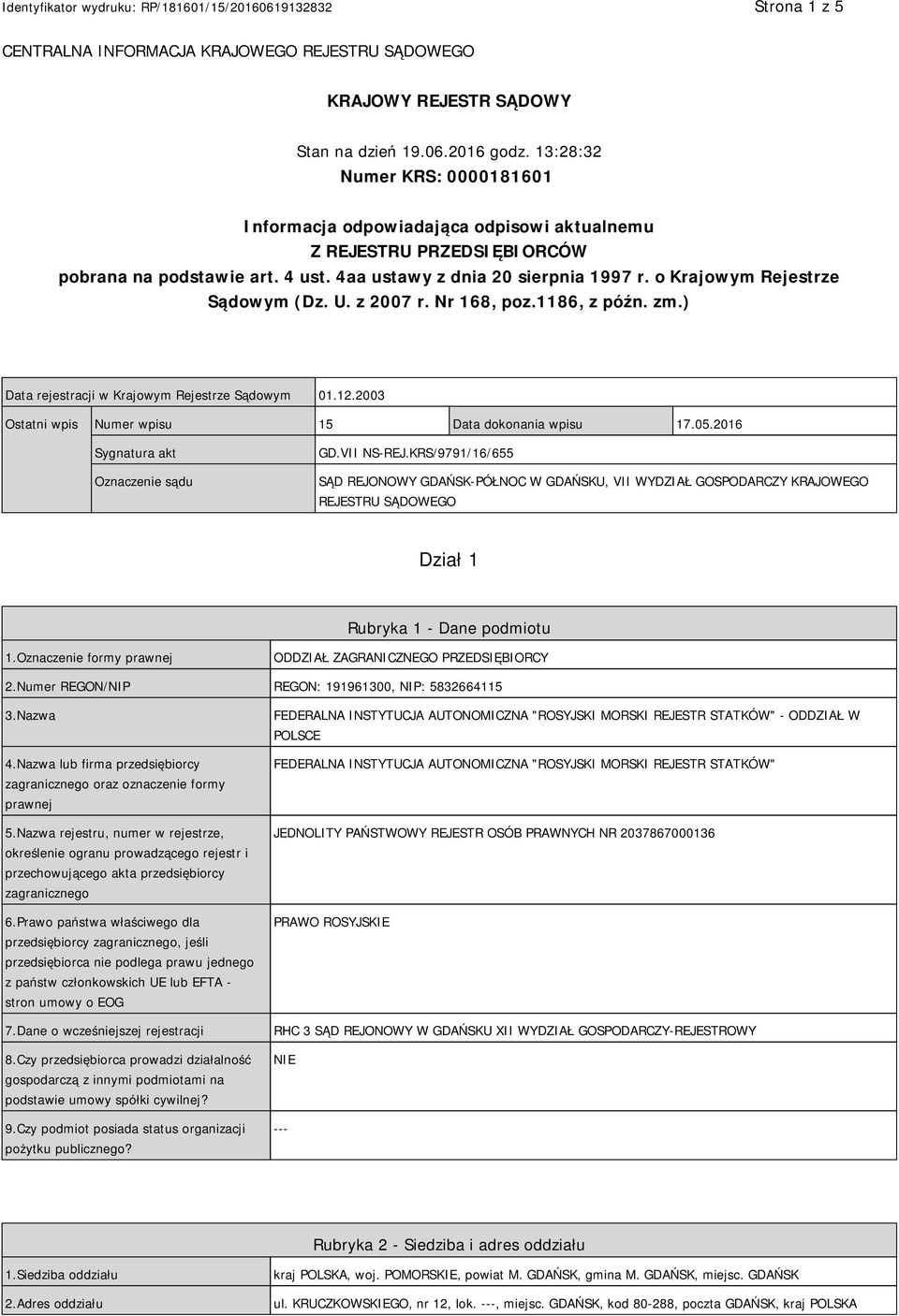 o Krajowym Rejestrze Sądowym (Dz. U. z 2007 r. Nr 168, poz.1186, z późn. zm.) Data rejestracji w Krajowym Rejestrze Sądowym 01.12.2003 Ostatni wpis Numer wpisu 15 Data dokonania wpisu 17.05.