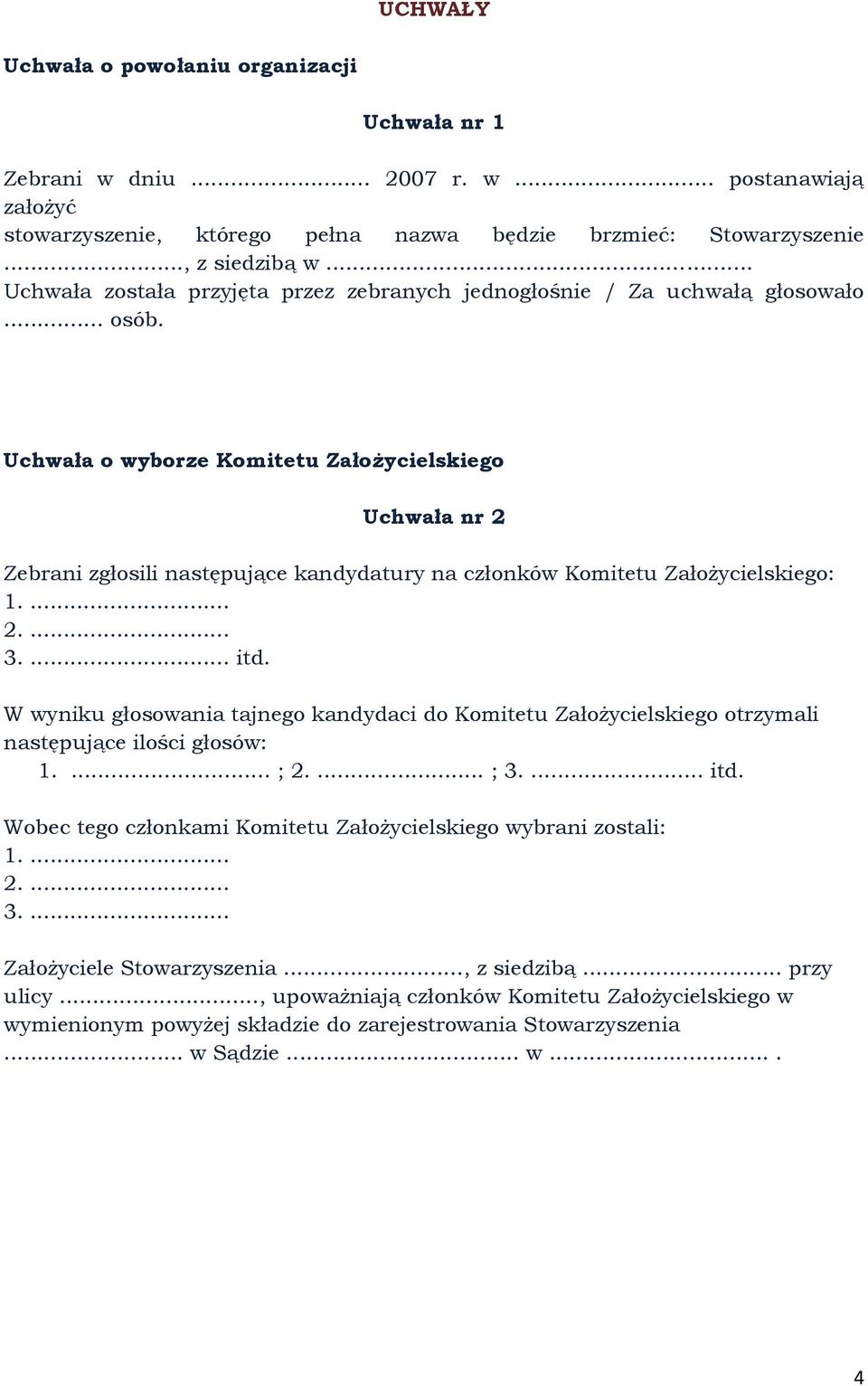 Uchwała o wyborze Komitetu Założycielskiego Uchwała nr 2 Zebrani zgłosili następujące kandydatury na członków Komitetu Założycielskiego: 1.... 2.... 3.... itd.