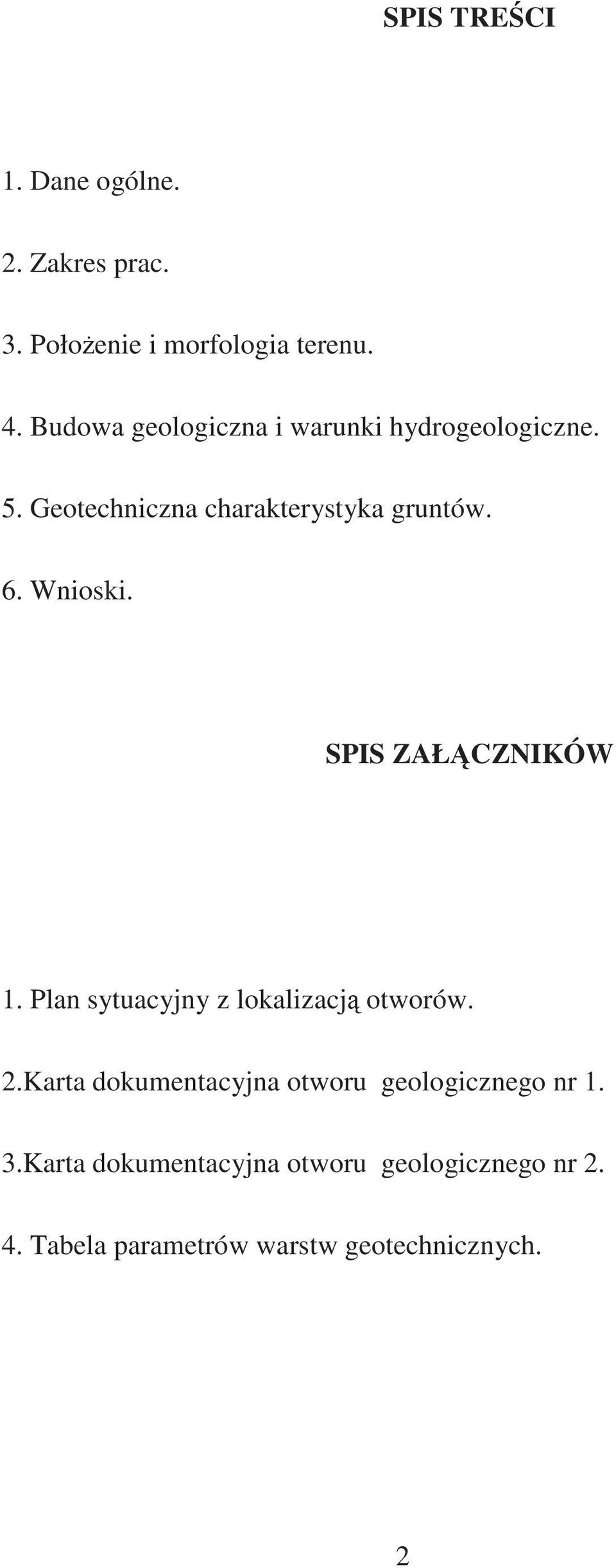 Wnioski. SPIS ZAŁ CZNIKÓW 1. Plan sytuacyjny z lokalizacj otworów. 2.