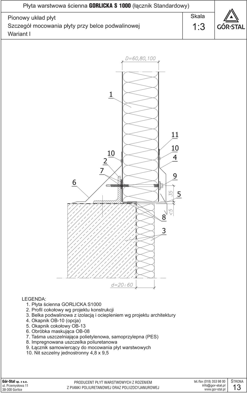 Belka podwalinowa z izolacją i ociepleniem wg projektu architektury 4. Okapnik OB-10 (opcja) 5. Okapnik cokołowy OB-13 6.