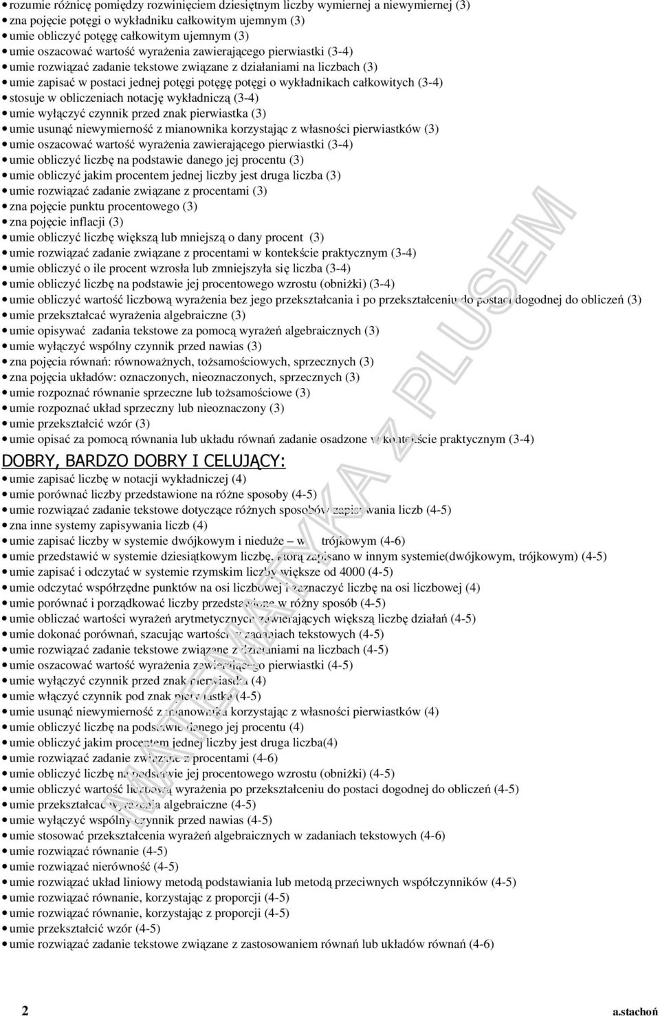 (3-4) stosuje w obliczeniach notację wykładniczą (3-4) umie wyłączyć czynnik przed znak pierwiastka (3) umie usunąć niewymierność z mianownika korzystając z własności pierwiastków (3) umie oszacować