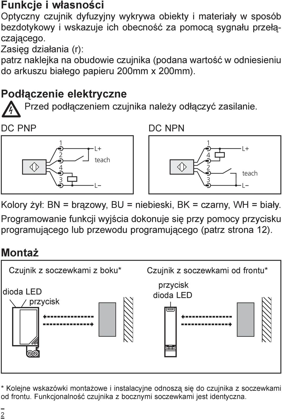 Podłączenie elektryczne Przed podłączeniem czujnika należy odłączyć zasilanie. DC PNP DC NPN 1 4 L+ teach L 1 4 L+ teach L Kolory żył: BN = brązowy, BU = niebieski, BK = czarny, WH = biały.