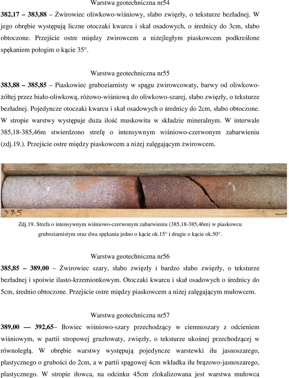 Przejście ostre między żwirowcem a niżejległym piaskowcem podkreślone spękaniem połogim o kącie 35.